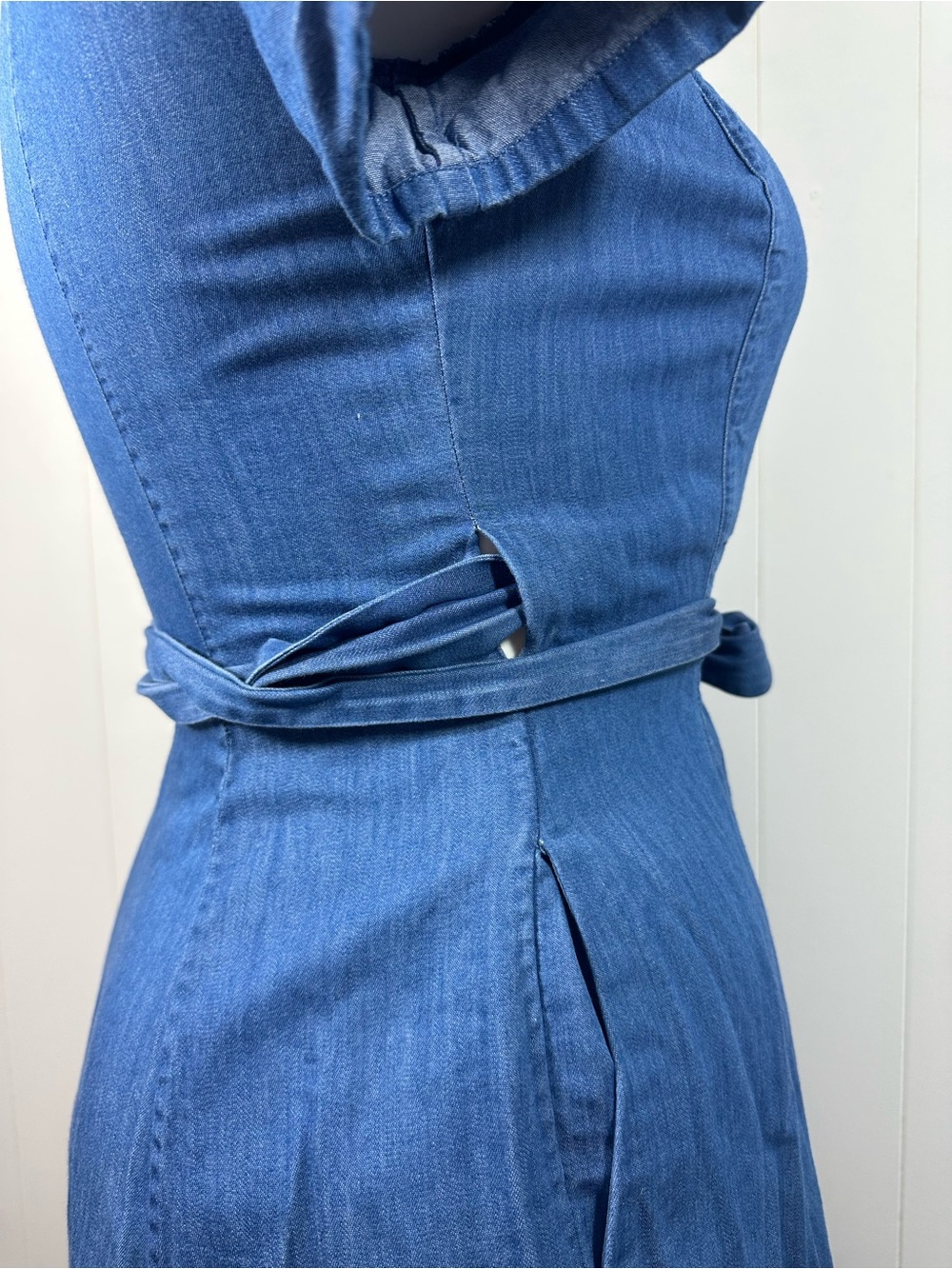 Boden Sz 8R Denim Fit & Flare Faux Wrap Cotton Dress Women’s Blue Short Sleeve - Picture 6 of 15